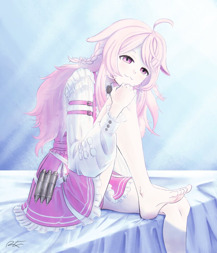 absurdres ahoge artist_request braid dress feet highres long_hair pen phase_connect pink_dress pink_eyes pink_hair pipkin_pippa pipkin_pippa_(shipkin_shippa) rabbit_ears soles toes virtual_youtuber