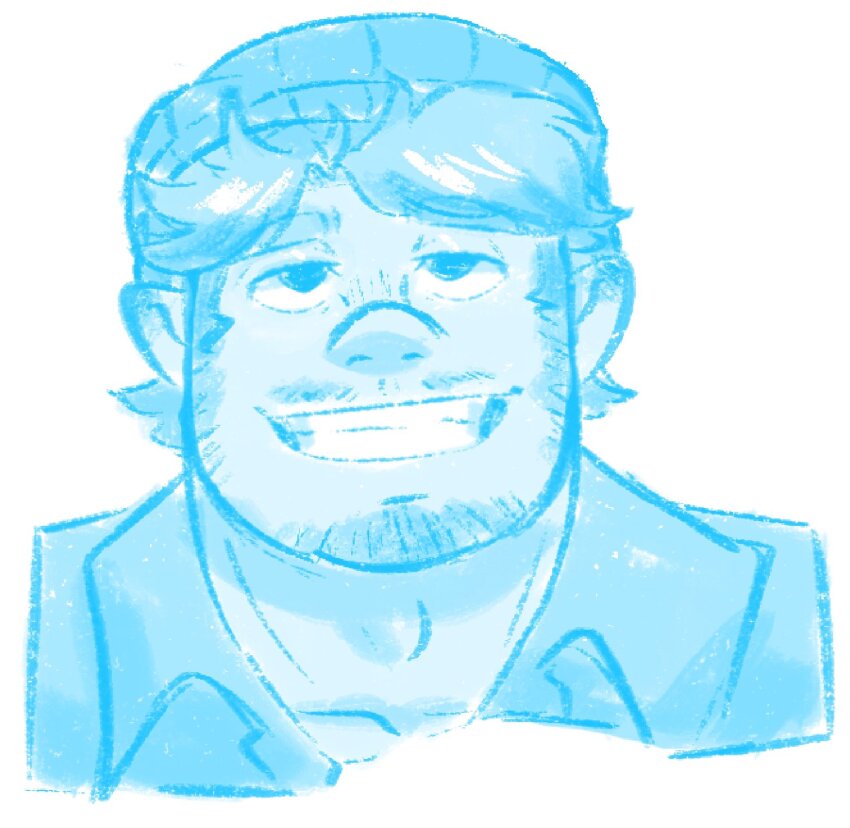 adam&#039;s_apple alternate_facial_hair anom_(anommyself) bara barley_lightfoot blue_theme cropped_head facial_hair fat fat_man goatee_stubble grin highres long_sideburns looking_ahead male_focus mature_male monochrome mustache_stubble onward pointy_ears short_hair sideburns sideburns_stubble smile solo stubble thick_eyebrows ugly_bastard