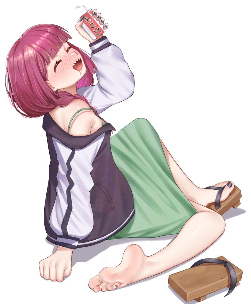 1girl absurdres arm_support arm_up armpit_crease barefoot black_nails blunt_bangs blush bocchi_the_rock! braid braided_ponytail breasts closed_eyes dress eyelashes feet full_body geta green_dress hair_over_shoulder highres hiroi_kikuri holding jacket knee_up long_sleeves nail_polish open_clothes open_jacket open_mouth pietrosatou purple_hair sandals sharp_teeth signature simple_background single_sandal small_breasts soles solo teeth toenail_polish toenails toes unworn_sandals white_background
