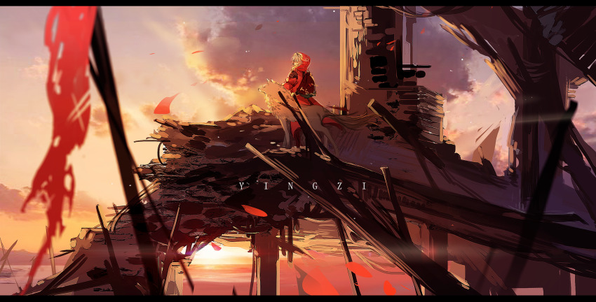 1girl animal_ears arknights artist_name backpack bag blue_sky chinese_commentary cloud coat commentary_request covered_mouth flag full_body glowing glowing_eye gradient_sky highres hood hood_up hooded_coat lappland_(arknights) letterboxed light_particles long_hair long_sleeves ocean outdoors pillar red_bag red_coat red_eyes ruins sky solo standing sun sunset watermark white_hair wide_shot wolf wolf_ears yingzi