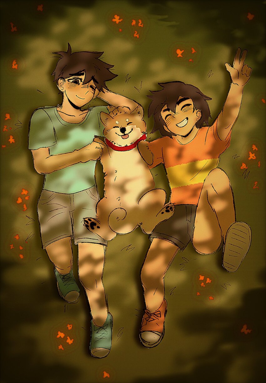 2boys aged_down alternate_costume antenna_hair arm_behind_head arm_up black_eyes blue_shirt blue_shoes blush brothers brown_hair closed_eyes closed_mouth collar dark-skinned_male dark_skin dog double-parted_bangs grey_shorts grin hector_(omori) hero_(faraway)_(omori) hero_(omori) highres kel_(faraway)_(omori) kel_(omori) leg_up lyuz_(justtoseemeplea) male_focus multiple_boys omori one_eye_closed open_mouth orange_shirt orange_shoes shirt shoes short_hair short_sleeves shorts siblings smile sneakers t-shirt teeth