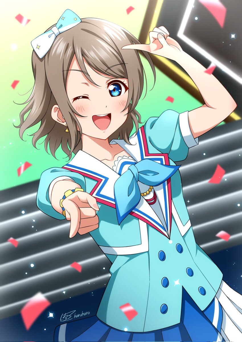1girl aozora_jumping_heart arm_up blue_eyes bow breasts brown_hair confetti dress grey_hair hair_bow hair_ornament haruharo_(haruharo_7315) highres idol looking_at_viewer love_live! love_live!_sunshine!! music one_eye_closed open_mouth pointing pointing_at_viewer ribbon sailor_collar short_hair singing skirt solo stage teeth upper_body upper_teeth_only watanabe_you wavy_hair wrist_cuffs
