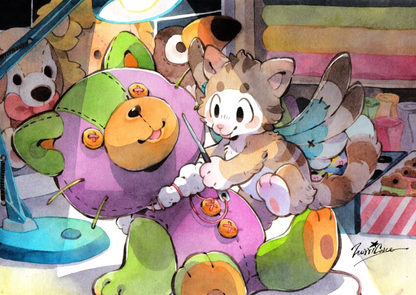 1other animal_ears animal_feet animal_hands animalk brown_eyes brown_fur buttons cat_ears cat_tail chibikemo commentary commission english_commentary furry highres holding_sewing_needle indoors lamp original other_focus pawpads sewing signature solo stuffed_animal stuffed_cat stuffed_toy stuffing tail wings