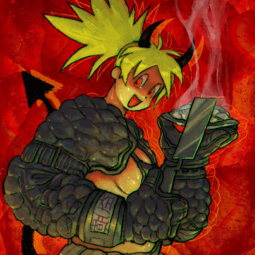 blonde_hair breasts demon_horns dorohedoro dot_nose food gloves highres holding holding_spatula horns nikaidou_(dorohedoro) open_mouth plastiboo ponytail red_eyes sideboob smile solo spatula spiked_hair tail