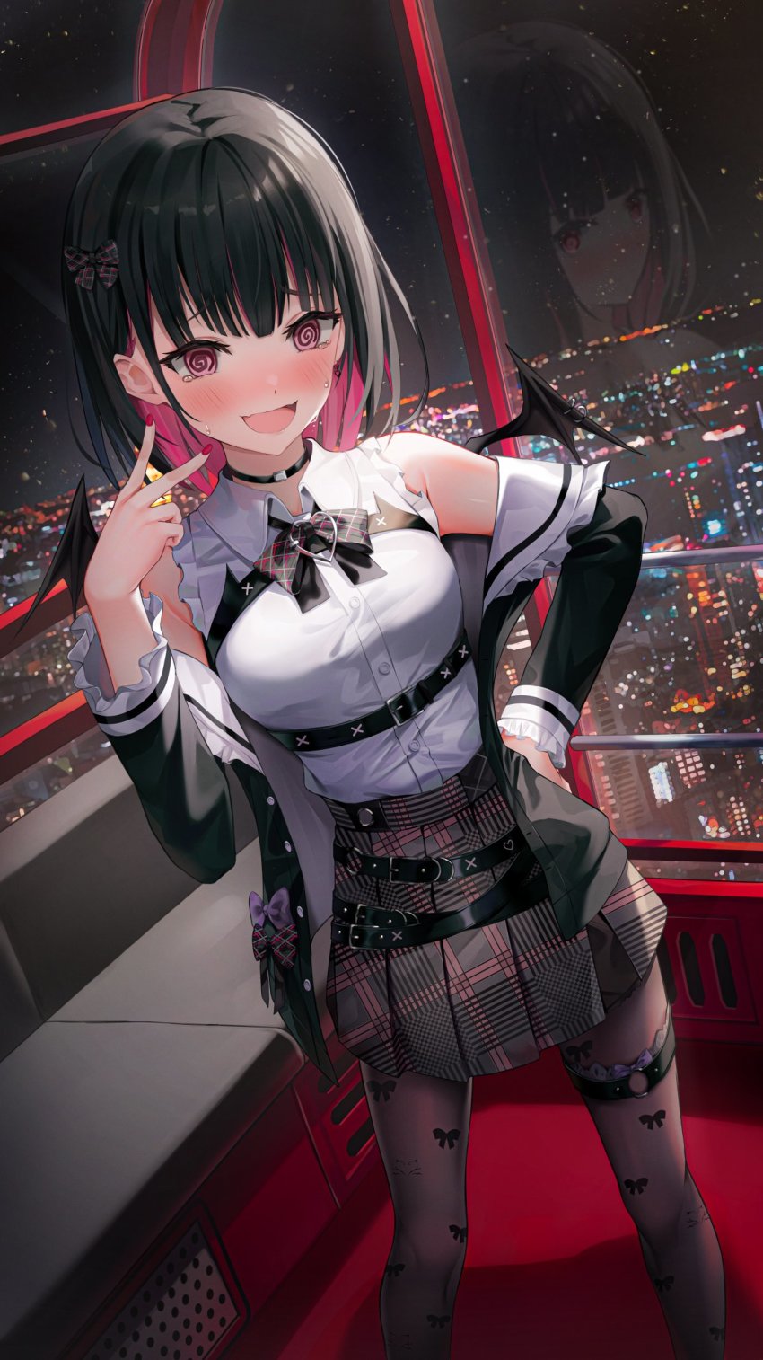 1girl :d @_@ black_bow black_bowtie black_hair black_jacket blush bow bow_print bowtie breasts brown_pantyhose cityscape collared_shirt colored_inner_hair demon_wings dress_shirt feet_out_of_frame hair_bow highres indie_virtual_youtuber indoors jacket long_sleeves looking_at_viewer medium_breasts medium_hair multicolored_hair nail_polish off_shoulder open_clothes open_jacket open_mouth pantyhose pink_eyes pink_hair pleated_skirt red_nails reflection rikotan_(vtuber) shirt shuvi_(shuvi1125) skirt smile solo standing tearing_up thigh_strap v virtual_youtuber wings