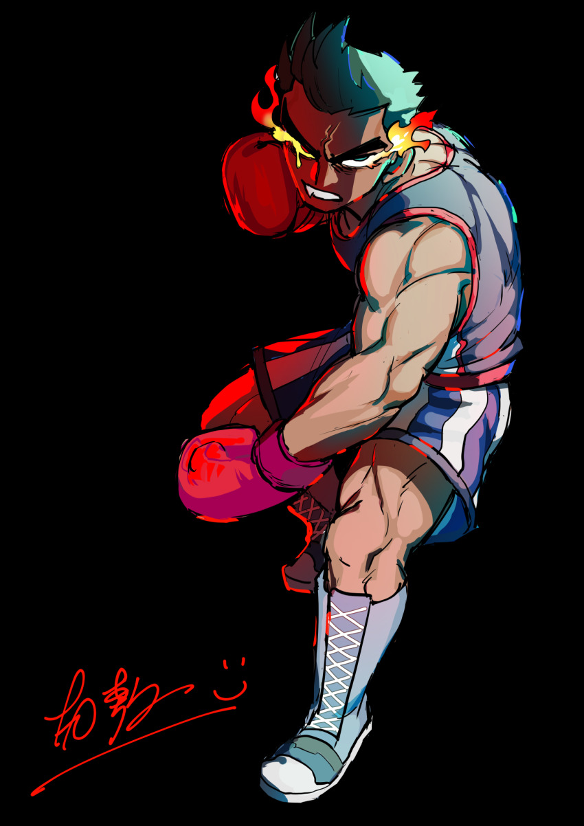 1boy black_background boots boxing_gloves dancho_no_mori fang fire flaming_eyes green_eyes green_hair heterochromia highres lace-up_boots little_mac looking_at_viewer male_focus muscular muscular_male nintendo punch-out!! red_eyes short_hair shorts solo super_smash_bros. tank_top