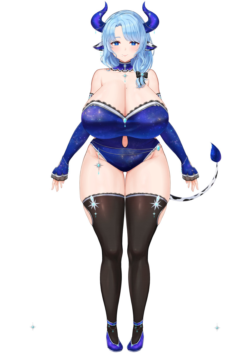 1girl absurdres animal_ears asymmetrical_hair asymmetrical_sidelocks bare_shoulders black_thighhighs blue_eyes blue_hair blue_leotard blue_pupils blue_shoes breasts bright_pupils cleavage closed_mouth collarbone cow_ears cow_girl cow_horns cow_tail cream_cod detached_collar detached_sleeves full_body highres horns huge_breasts indie_virtual_youtuber jewelry lace_trim leotard long_hair long_sleeves miilkywayz mole mole_on_breast mole_under_eye mole_under_mouth official_art parted_bangs shoes sidelocks sleeves_past_wrists smile solo standing star-shaped_pupils star_(symbol) straight-on strapless strapless_leotard symbol-shaped_pupils tachi-e tail thick_thighs thigh_gap thighhighs thighs transparent_background virtual_youtuber wide_hips