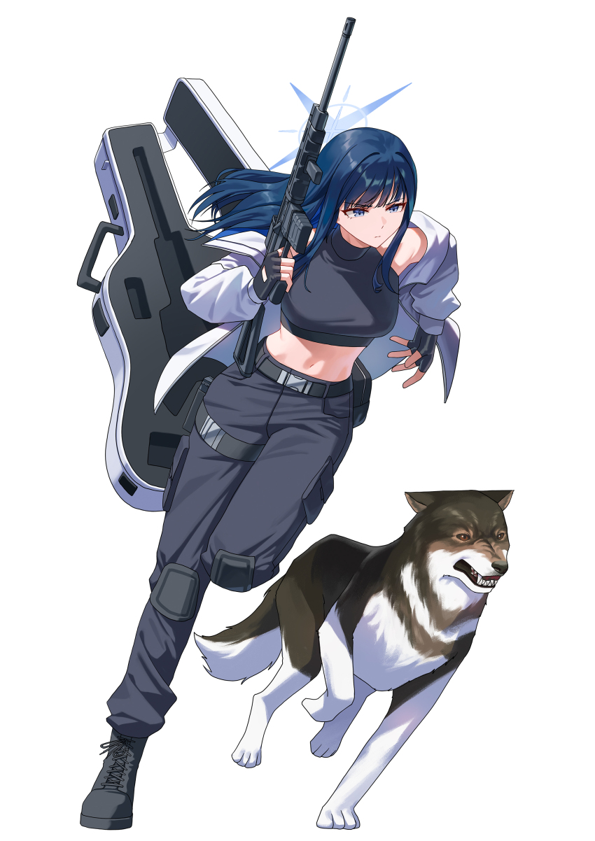 1girl absurdres alfie_(tmdals7645) belt black_belt black_boots black_gloves black_pants blue_archive blue_hair boots closed_mouth dog fingerless_gloves floating_hair gloves gun halo highres holding holding_gun holding_weapon jacket long_hair long_sleeves looking_to_the_side midriff navel open_clothes open_jacket pants running saori_(blue_archive) simple_background weapon white_background white_jacket
