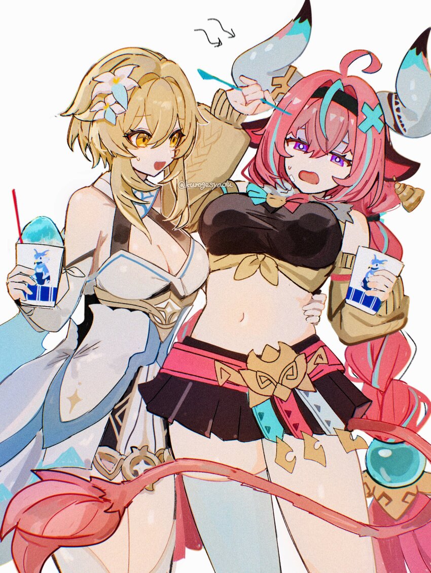 2girls artist_name belly blonde_hair blue_hair brain_freeze breasts cleavage commentary genshin_impact highres kuromu_shado lumine_(genshin_impact) medium_breasts multicolored_hair multiple_girls navel open_mouth pink_hair purple_eyes stomach twitter_username varesa_(genshin_impact) white_background yellow_eyes