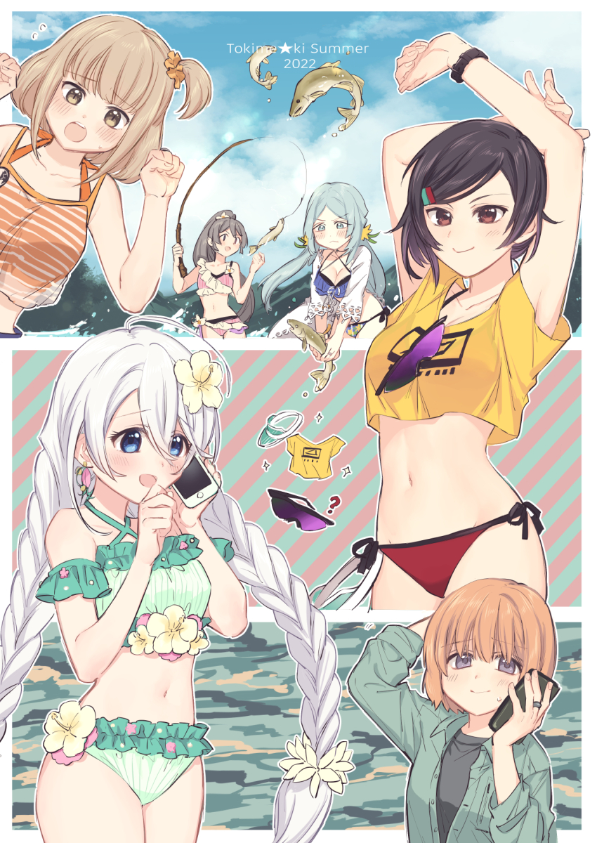 6+girls :d alternate_costume animal aoba_chika aoba_chika_(swimsuit_costume) bikini black_hair blue_hair blue_sky border braid breasts brown_hair cellphone commentary_request cropped_shirt fish fishing fishing_rod flower flying_sweatdrops frilled_bikini frills green_bikini hair_between_eyes hands_up highres hiroe_chiharu hiroe_chiharu_(swimsuit_costume) holding holding_animal holding_fish holding_fishing_rod holding_phone jewelry long_hair looking_at_viewer magia_record:_mahou_shoujo_madoka_magica_gaiden mahou_shoujo_madoka_magica miura_asahi multiple_girls natsu_ryoko natsu_ryoko_(swimsuit_costume) official_alternate_costume open_mouth outdoors phone purple_eyes red_bikini ring shirt short_hair sky smartphone smile standing summer sweatdrop swimsuit talking_on_phone toki_sunao toki_sunao_(swimsuit_costume) tokime_shizuka tokime_shizuka_(swimsuit_costume) twin_braids twintails white_border white_flower yellow_shirt yukishiro_(hitsuji)