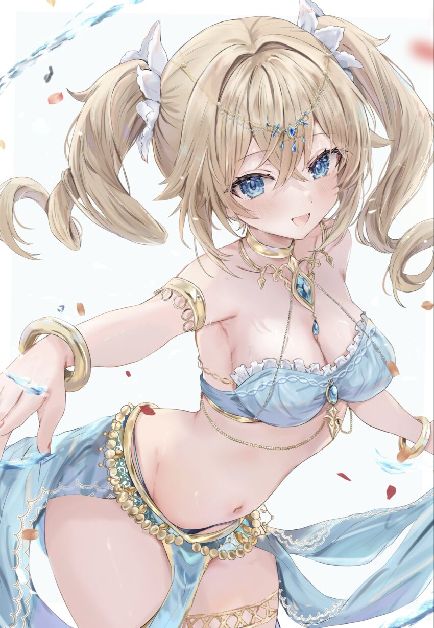 1girl :d alternate_costume barbara_(genshin_impact) bare_shoulders blonde_hair blue_eyes blue_gemstone blush breasts circlet cleavage collarbone commentary_request crossed_bangs drill_hair gem genshin_impact hair_between_eyes harem_outfit highres jewelry leaning_forward long_hair looking_at_viewer maruro medium_breasts navel open_mouth outstretched_arm simple_background smile solo stomach thighlet twin_drills white_background