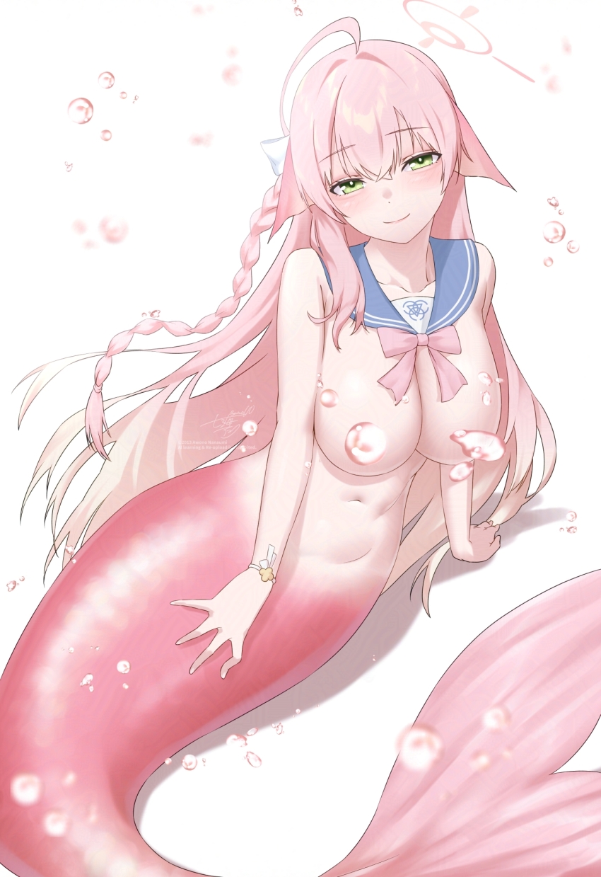 1girl ahoge awono_nanaumi blue_archive blue_sailor_collar bracelet braid bubble commentary commission convenient_censoring detached_collar fins green_eyes halo hanako_(blue_archive) head_fins highres jewelry long_hair looking_at_viewer lying mermaid monster_girl navel nude on_side pink_halo pink_ribbon ribbon sailor_collar simple_background single_braid skeb_commission smile trinity_general_school_logo