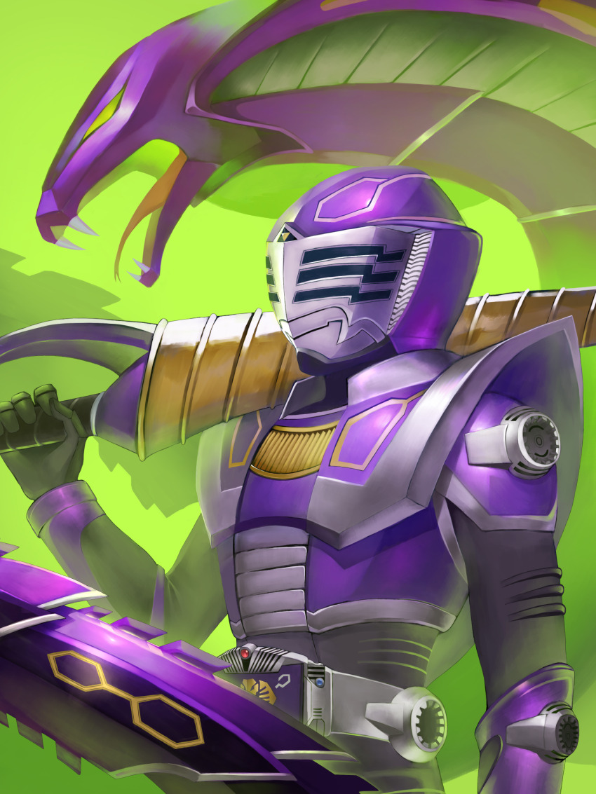 1boy armor belt bodysuit cobra_(animal) contract_monster heisei highres kamen_rider kamen_rider_ouja kamen_rider_ryuki_(series) kishida_kai male_focus purple_armor red_eyes snake tokusatsu tongue v_buckle venosnaker