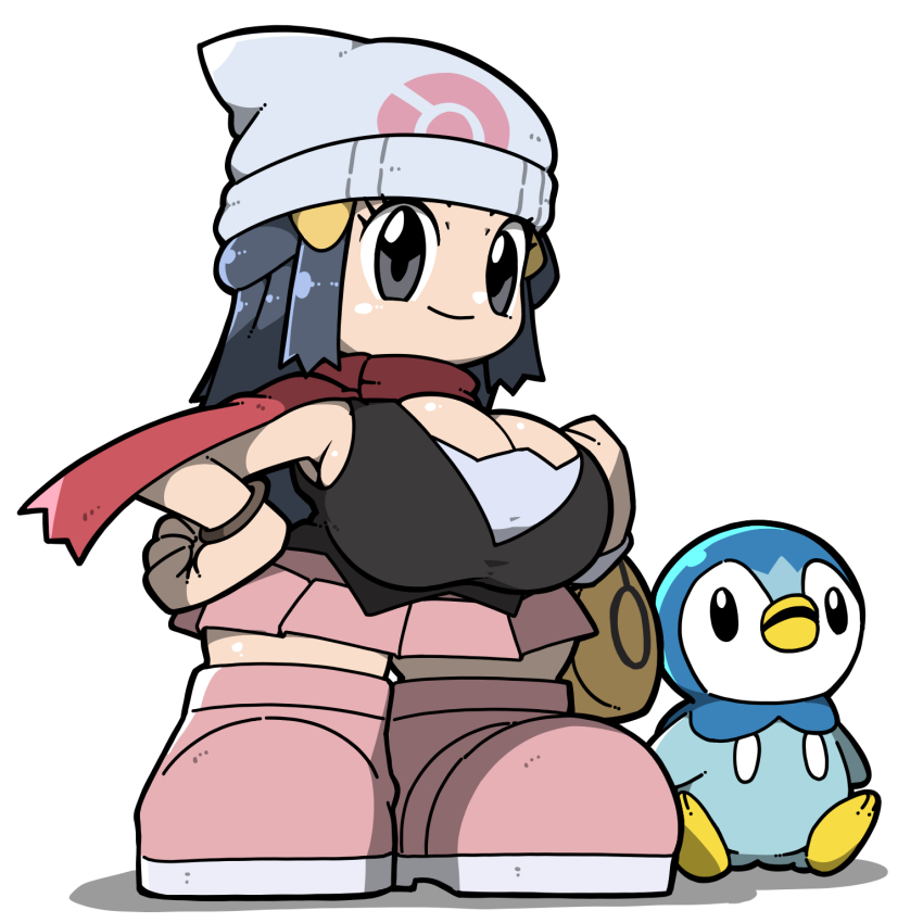 1girl beanie black_shirt blue_hair boots bracelet breasts cleavage closed_mouth dark_blue_hair dawn_(pokemon) eyelashes gen_4_pokemon grey_eyes hair_ornament half_updo hand_on_own_hip hat highres huge_breasts jewelry long_hair miniskirt name_omoitukan2 nintendo pink_boots pink_skirt piplup pokemon pokemon_(creature) pokemon_bdsp red_scarf scarf shadow shiny_skin shirt simple_background skirt sleeveless sleeveless_shirt smile standing thick_lineart white_background white_hat yellow_bag