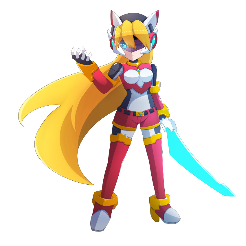 1girl absurdres alternate_costume alternate_hairstyle armor energy_sword belt blonde_hair blue_eyes bodystocking boots breasts chest_jewel ciel_(mega_man) commission commissioner_upload elbow_gloves energy_sword full_body gloves glowing glowing_eye helmet highres holding holding_weapon long_hair looking_at_viewer mechanical_ears mega_man_(series) mega_man_zero_(series) mega_man_zx model_z_(mega_man) non-web_source rytopen shorts small_breasts sword thigh_boots transparent_background weapon