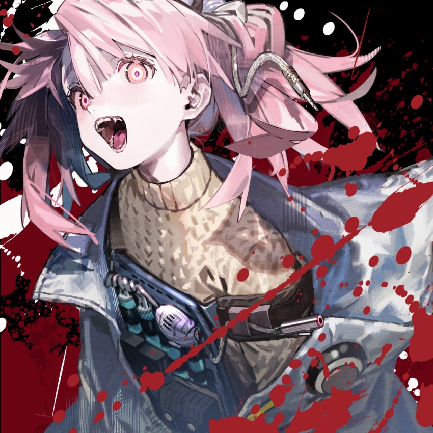 1girl absurdres audio_jack blood blood_splatter bow brown_sweater eyelashes fang grey_bow grey_jacket hair_between_eyes hair_bow highres jacket long_eyelashes long_hair mist_sequence multicolored_eyes object_request open_mouth pink_eyes pink_hair pink_pupils pouch purple_eyes solo sweater teeth tongue turtleneck turtleneck_sweater upper_body xiao_chichi yellow_eyes