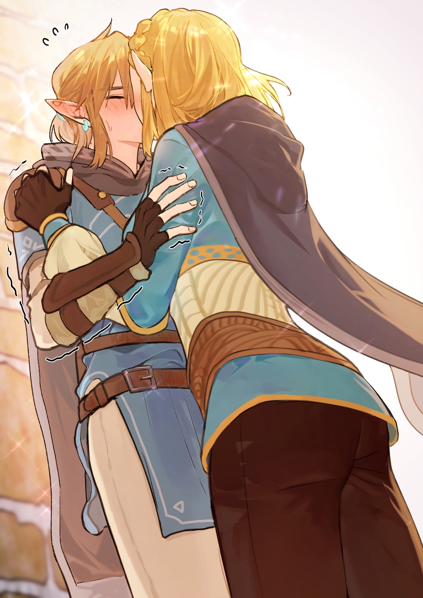 1boy 1girl absurdres ass belt black_cape black_gloves black_pants blonde_hair blue_shirt blush braid brown_belt brown_gloves brown_pants cape closed_eyes couple cowboy_shot earrings fingerless_gloves gloves hetero highres hood hood_down hooded_cape jewelry kiss link long_sleeves nintendo pants pointy_ears princess_zelda shirt short_hair the_legend_of_zelda the_legend_of_zelda:_tears_of_the_kingdom trembling xi_yuu