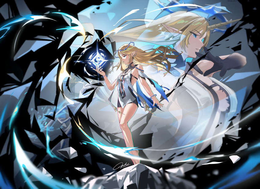 2girls absurdres bare_legs bare_shoulders barefoot black_collar black_dress blonde_hair blue_eyes blue_hair breasts cartethyia_(wuthering_waves) collar colored_inner_hair commentary_request crown_of_thorns dress dual_persona earrings feet fleurdelys_(wuthering_waves) floating_earrings hand_up highres horns huge_breasts jewelry korean_commentary legs long_hair long_horns looking_ahead medium_breasts multicolored_hair multiple_girls necklace pointy_ears sidelocks signature single_horn t3ku tabard toes very_long_hair white_tabard wuthering_waves yellow_horns