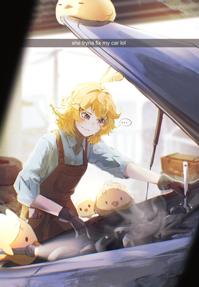 ... 1girl absurdres alternate_costume blonde_hair brown_gloves brown_overalls car closed_mouth collared_shirt commentary dokibird_(vtuber) dragoon_(dokibird) english_commentary english_text feather_hair_ornament feathers flashlight gloves hair_ornament highres holding holding_wrench indie_virtual_youtuber kishonyskab mechanic medium_hair motor_vehicle overalls shirt three-quarter_sleeves snapchat solo spoken_ellipsis virtual_youtuber wrench