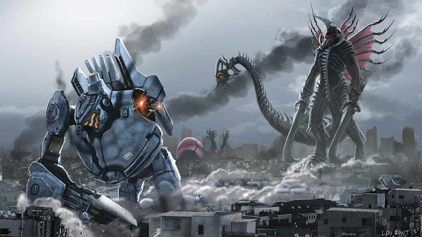 4.211_brass_knuckles alien amputee arm_blade armor assault_mount_3.25_sting-blades brass_knuckles city commentary creature crimson_typhoon crossover cyborg damaged directed-energy_weapon elden_ardiente energy_weapon english_commentary extra_arms gigan godzilla_(series) grey_sky horns jaeger_(pacific_rim) kaiju ldn-rdnt legendary_pictures mecha mechanical_arms monster no_humans outdoors pacific_rim pan_pacific_defense_corps prosthesis prosthetic_arm red_eyes robot saw saw_blade sky smoke space_monster sparks spikes standing striker_eureka tagme tail weapon