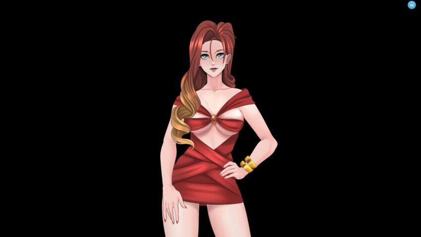 andrealphus_games breasts cherie_(love_n_sex) dress looking_at_viewer love_n_sex_second_base modeling red_dress red_hair standing