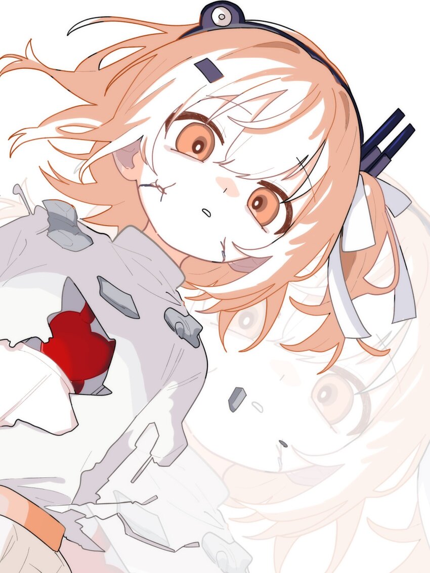 1girl a.i._voice adachi_rei cracked_skin hair_ornament hair_ribbon haru_maron headlamp heart_(organ) highres looking_at_viewer one_side_up orange_eyes orange_hair parted_lips radio_antenna ribbon shirt solo torn_clothes upper_body utau white_background white_ribbon white_shirt zoom_layer