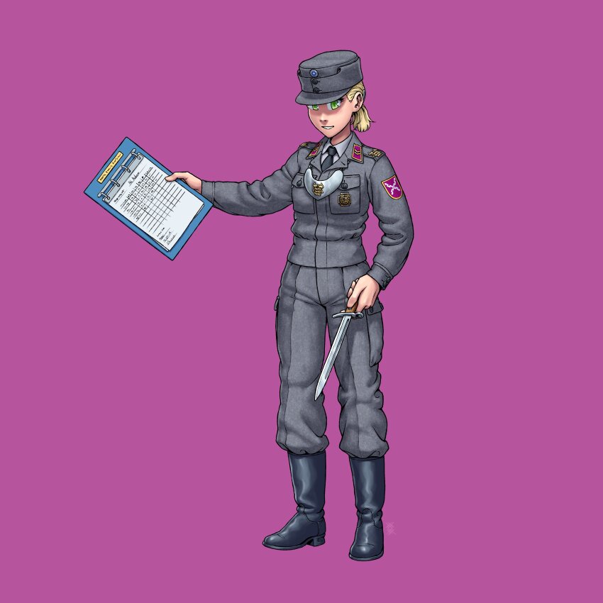 1girl absurdres artist_logo bayonet black_boots black_necktie blonde_hair blush boots breast_pocket buttons clipboard collar_tabs collared_shirt commentary field_cap finnish_army full_body gorget green_eyes grey_jacket grey_pants hat highres holding holding_clipboard holding_knife holding_weapon jacket knife krista_kaitanen logo long_hair long_sleeves looking_at_viewer medal military military_dress_uniform military_hat military_jacket military_rank_insignia military_uniform necktie ostwindprojekt pants pants_tucked_in paper patch pink_background pocket ponytail roundel seno_lepo shirt shoulder_boards shoulder_patch simple_background soldier solo standing teeth weapon white_shirt