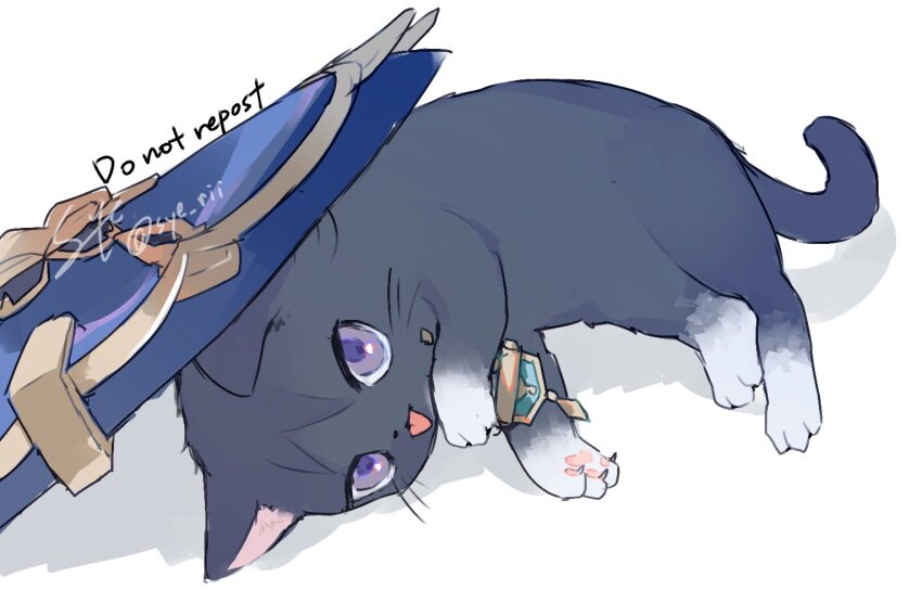 animal_focus black_cat blue_hat cat claws genshin_impact gold hat jingasa licking_paw looking_at_viewer lying on_side purple_eyes scaramouche_(cat)_(genshin_impact) scaramouche_(genshin_impact) signature solo syerii tilted_headwear tongue tongue_out twitter_username wanderer_(genshin_impact) watermark whiskers white_background