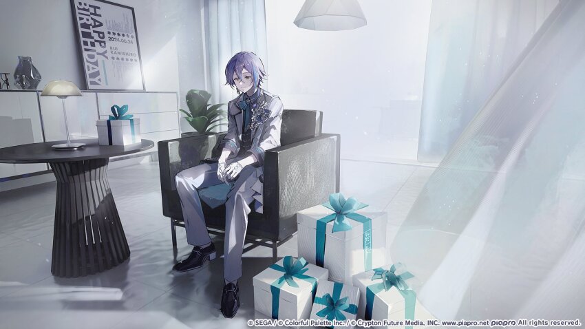 1boy black_shoes blue_hair box chair character_name collared_shirt commentary_request copyright_notice curtains dated full_body gift gift_box grey_shirt guest_art hair_between_eyes happy_birthday highres indoors ishida_tatsuki jacket kamishiro_rui lamp male_focus multicolored_hair official_art open_clothes open_jacket pants plant potted_plant project_sekai purple_hair second-party_source shadow shirt shoes short_hair sitting solo streaked_hair table two-tone_hair white_jacket white_pants yellow_eyes