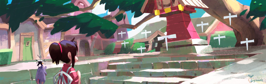1girl aymeric_kevin bow brown_hair building child door from_behind highres monument ogino_chihiro paper ponytail scenery sen_to_chihiro_no_kamikakushi shikigami stairs studio_ghibli town tree wide_shot