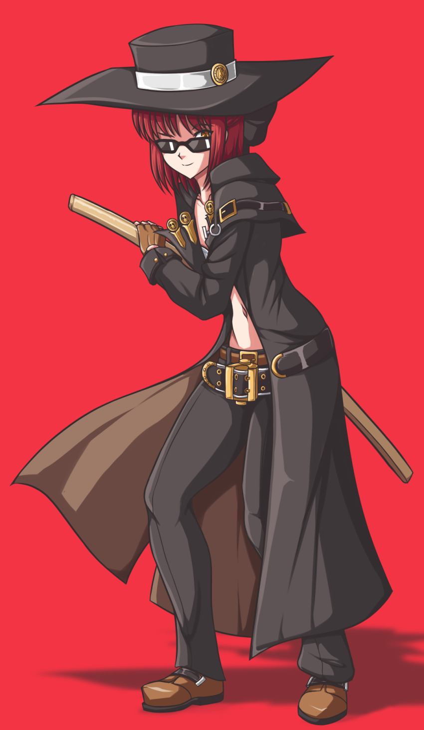 1girl belt bow coat cosplay drawing_sword full_body gloves guilty_gear hair_bow hat highres holding holding_sword holding_weapon jewelry johnny_(guilty_gear) katana kohaku_(tsukihime) long_coat melty_blood navel necklace pants red_background red_hair saishuumusou shadow short_hair simple_background smile solo sunglasses sword tsukihime weapon