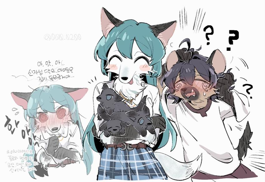 2girls ? @_@ an_sin animal animal_ears belt black_hair blue_hair blush blush_stickers closed_eyes dog fox_girl furrification furry furry_female highres hiiragi_utena holding holding_animal hyena_girl korean_commentary long_hair mahou_shoujo_ni_akogarete medium_hair minakami_sayo multiple_girls puppy red_eyes shirt simple_background skirt sweatdrop t-shirt tail white_background