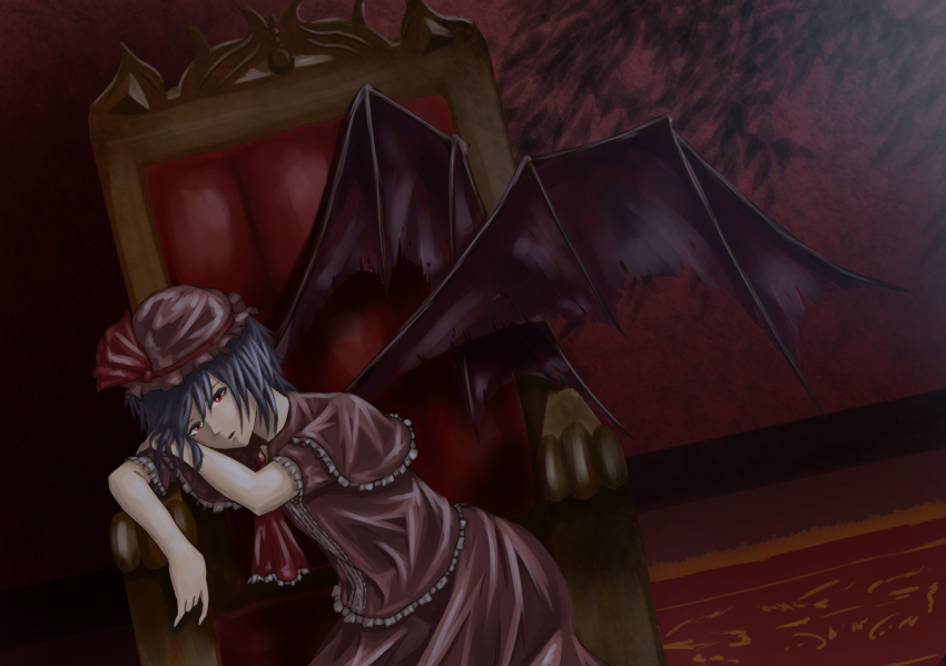 1girl :o armchair ascot bad_id bad_pixiv_id bat_wings brooch capelet carpet chair dress female_focus frills hall hat hat_ribbon highres jewelry looking_at_viewer mob_cap open_mouth purple_dress purple_hair red_carpet red_eyes remilia_scarlet ribbon ribbon-trimmed_headwear ribbon_trim sakkun2014 short_sleeves skirt solo touhou wings