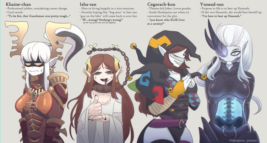 4girls :d argyle_clothes arm_guards armor black_eyes black_nails breasts brown_hair cegorach character_name closed_mouth commentary demon_girl demon_horns dress elf english_commentary english_text genderswap genderswap_(otf) green_eyes grey_background half-closed_eyes hat highleg highres horns isha jester jester_cap jester_costume khaine large_breasts long_hair multiple_girls nail_polish open_mouth pauldrons pelvic_curtain pointy_ears sharp_teeth shoulder_armor simple_background smile spiked spine teeth tempura_person upper_body warhammer_40k white_dress white_hair wide-eyed yellow_eyes ynnead