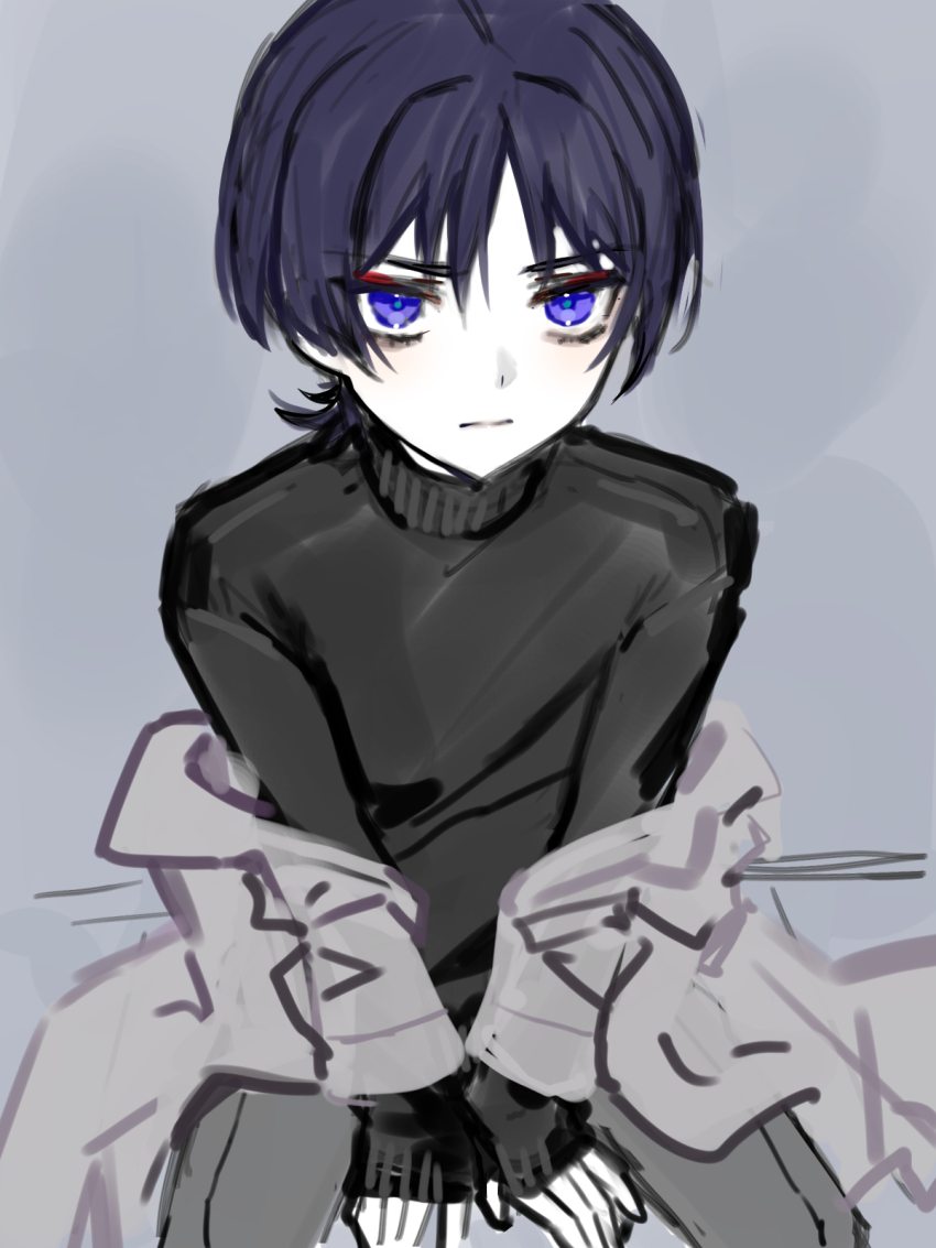 1boy arms_between_legs black_gloves black_hair black_shirt black_sleeves blunt_ends closed_mouth clothes_down expressionless eyeliner eyeshadow fingerless_gloves genshin_impact gloves grey_background grey_jacket grey_pants hag_(hag_015) highres jacket long_sleeves looking_at_viewer makeup male_focus pants purple_eyes purple_pupils red_eyeliner red_eyeshadow ribbed_collar sanpaku scaramouche_(genshin_impact) shirt solo