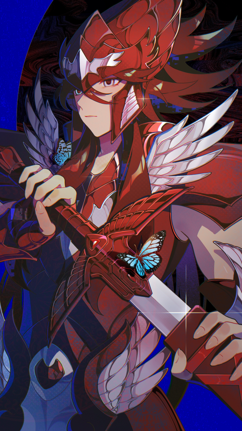 1boy absurdres armor bishounen black_armor black_hair black_helmet blue_butterfly blue_eyes bug butterfly drawing_sword expressionless glint hades_(saint_seiya) helmet highres holding holding_sheath holding_sword holding_weapon insect long_hair male_focus metal_wings saint_seiya scabbard sheath snowflake_(diodarja) solo sword unsheathing upper_body weapon