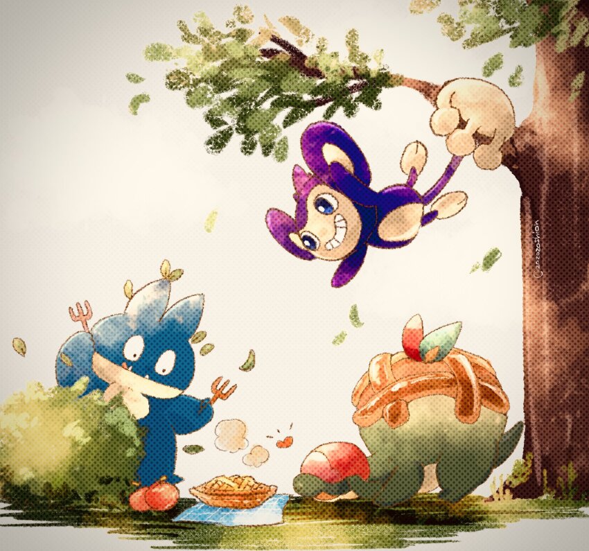 :q aipom animal_focus apple_pie appletun artist_name bush closed_mouth commentary_request falling_leaves fangs food food-themed_creature fork game_freak gen_2_pokemon gen_4_pokemon gen_8_pokemon grin hanging_from_tree highres holding holding_fork leaf monkey munchlax nintendo no_humans picnic pie pokemon pokemon_(creature) simple_background smile teeth tongue tongue_out tree twitter_username white_background zozozoshion