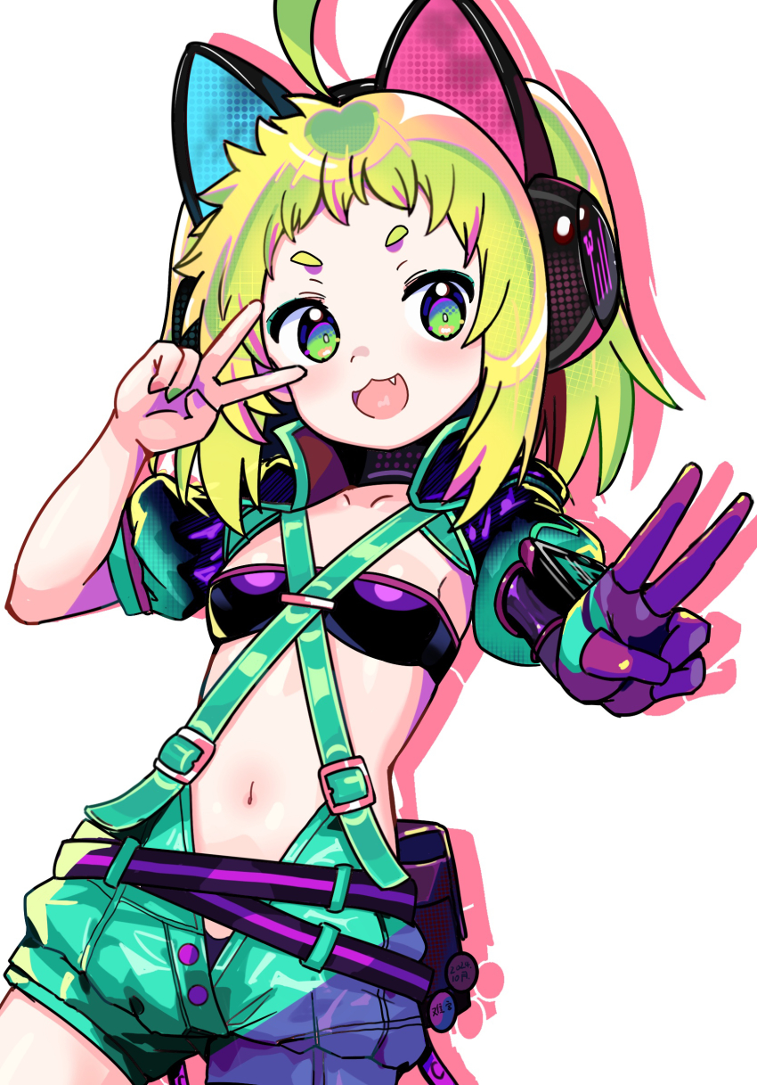 1girl :3 ahoge animal_ear_headphones animal_ears antenna_(dohna_dohna) bandeau breasts cat_ear_headphones criss-cross_suspenders dohna_dohna_issho_ni_warui_koto_o_shiyou double_v fake_animal_ears fang gloves green_eyes green_hair headphones highres looking_at_viewer medium_hair nangong_(skarndrnjs) navel open_mouth short_eyebrows shorts shrug_(clothing) simple_background single_glove small_breasts smile solo suspender_shorts suspenders v white_background