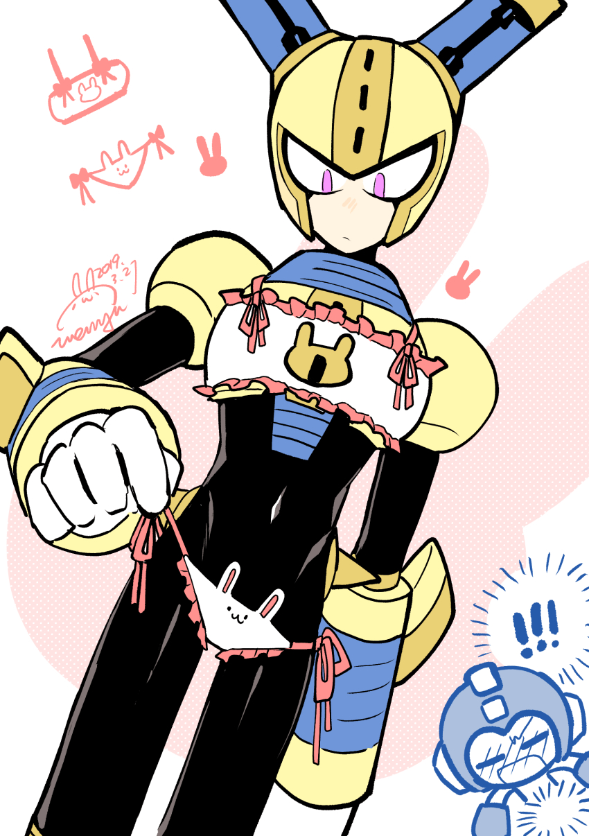 ! !! 2boys :3 absurdres android animal_print armor black_bodysuit blush bodysuit bow bow_panties breastplate closed_mouth clothes_pull covered_navel feet_out_of_frame frilled_panties frills fuse fuse_man gloves helmet highres joints looking_down male_focus mega_man_(character) mega_man_(classic) mega_man_(series) mega_man_11 multiple_boys panties purple_eyes rabbit_ears rabbit_print robot robot_joints shoulder_armor simple_background solo_focus standing string_panties underwear vambraces wenyu white_background white_gloves yellow_armor yellow_headwear