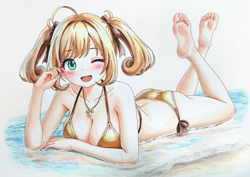 1girl absurdres ahoge armpit_crease ass barefoot beach bikini blonde_hair blush bow breasts brown_bow collarbone feet feet_up full_body gold_bikini green_eyes hair_bow hand_up highres idolmaster idolmaster_cinderella_girls idolmaster_cinderella_girls_starlight_stage large_breasts legs long_hair looking_at_viewer lying neck on_stomach one_eye_closed open_mouth outdoors sato_shin side-tie_bikini_bottom sidelocks simple_background skindentation soles solmyr2000 solo swimsuit the_pose toes twintails water white_background