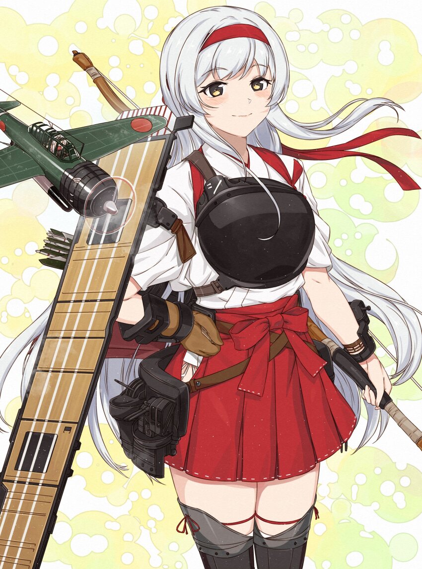 1girl absurdres anti-aircraft anti-aircraft_gun archery b6n_tenzan blush bow_(weapon) breasts brown_eyes clover_background gloves hair_ribbon hairband hakama hakama_short_skirt hakama_skirt headband highres japanese_clothes kanmiya_shinobu kantai_collection kyuudou long_hair muneate partially_fingerless_gloves partly_fingerless_gloves quiver red_hakama red_headband ribbon shoukaku_(kancolle) shoukaku_kai_ni_(kancolle) skirt smile solo tasuki thighhighs twintails weapon white_hair yellow_background yugake