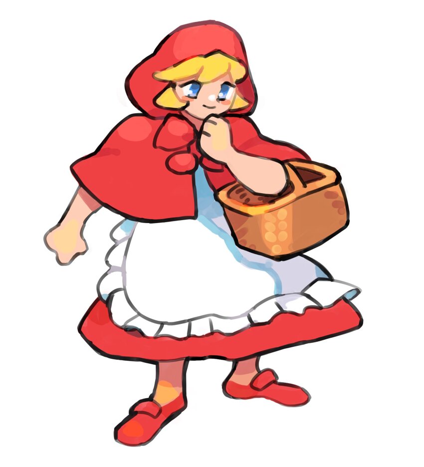 1girl apron b.b._hood basket blonde_hair blue_eyes blush_stickers capelet closed_mouth darkstalkers dress frilled_apron frills full_body gan2 highres holding holding_basket hood hood_up legs_apart picnic_basket red_capelet red_dress red_shoes shoes short_hair simple_background smile solo standing white_apron white_background