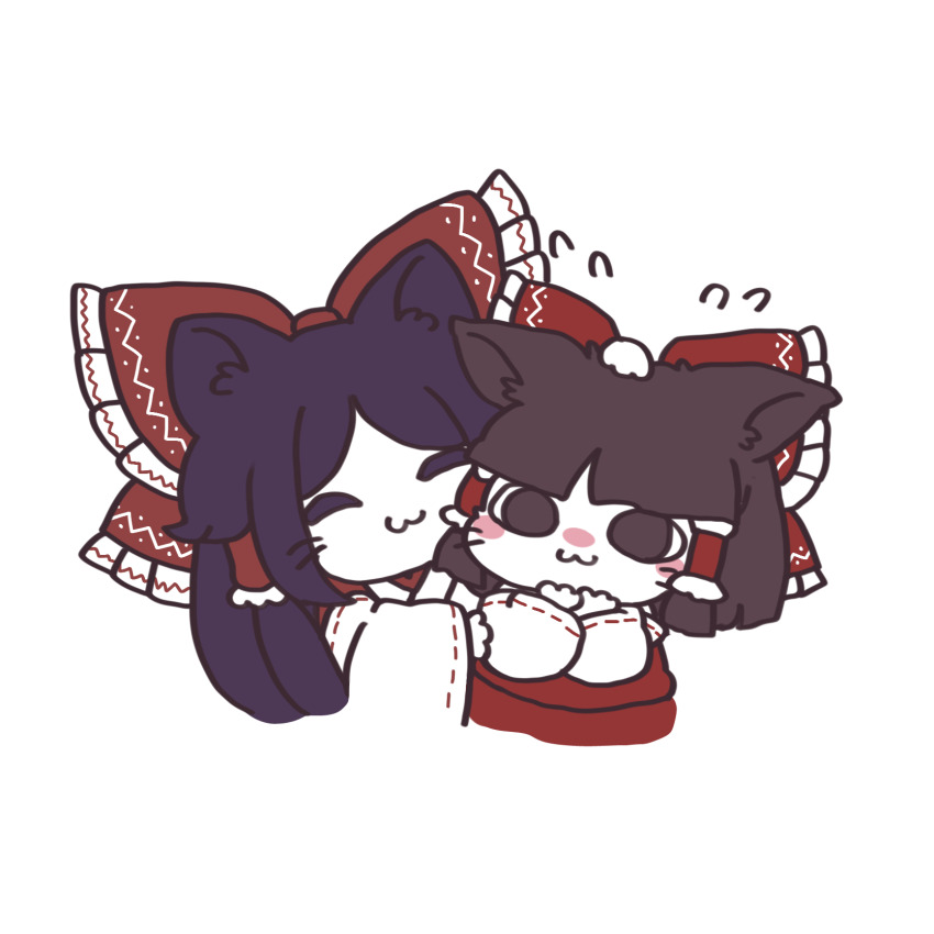 :3 animal_ears blush brown_eyes brown_hair cat_ears cat_girl chibi detached_sleeves family flying_sweatdrops foul_detective_satori frilled_hair_tubes frilled_ribbon frills gensokyo&#039;s_first_hakurei_miko hair_tubes hakurei_reimu highres mensoreimuremu nontraditional_miko petting purple_hair red_ribbon ribbon sweatdrop touhou whiskers