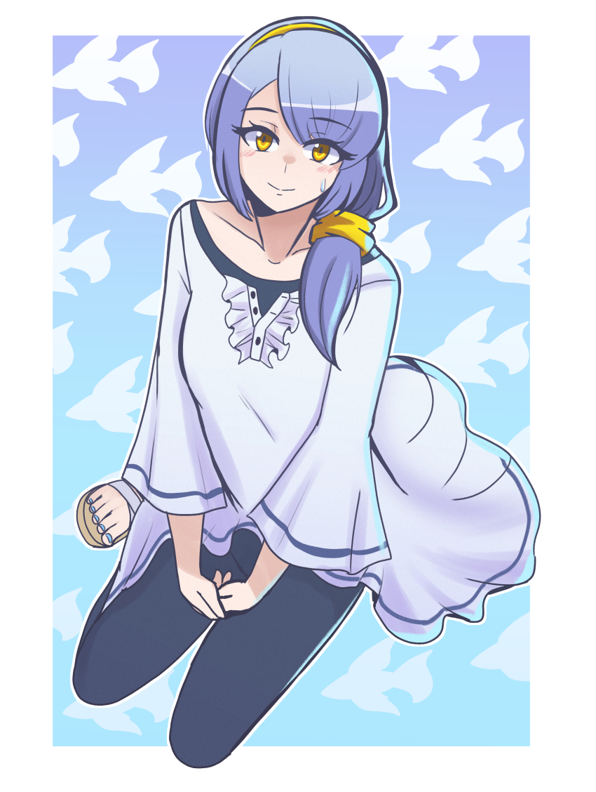 1girl absurdres animal_print black_leggings blush dress fish_print grey_hair hairband highres izumi_(under_night_in-birth) leggings nail_polish red_seiryu sandals side_ponytail smile solo toenail_polish toenails toes under_night_in-birth under_night_in-birth_2_sys:celes white_dress yellow_eyes yellow_hairband