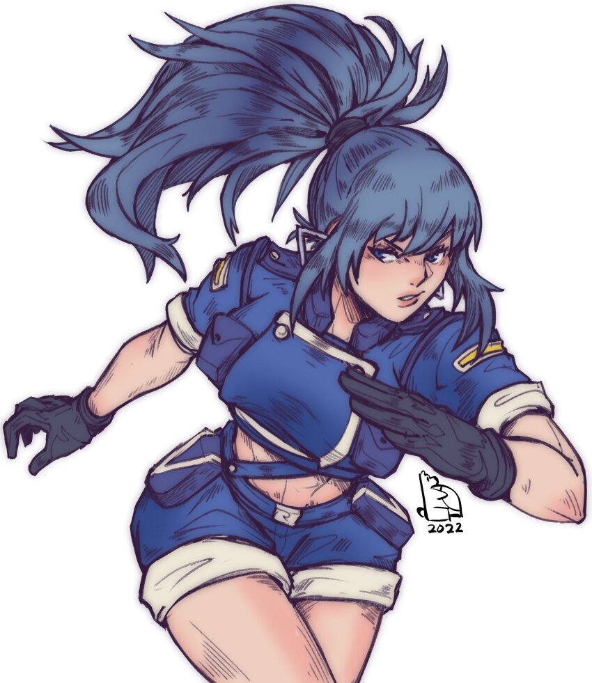 1girl absurdres black_gloves blue_eyes blue_hair blue_jacket blue_shorts earrings gloves highres jacket jewelry leona_heidern military_uniform official_alternate_color piccolourme ponytail short_sleeves shorts solo suspenders swimsuit the_king_of_fighters the_king_of_fighters_xv triangle_earrings white_background