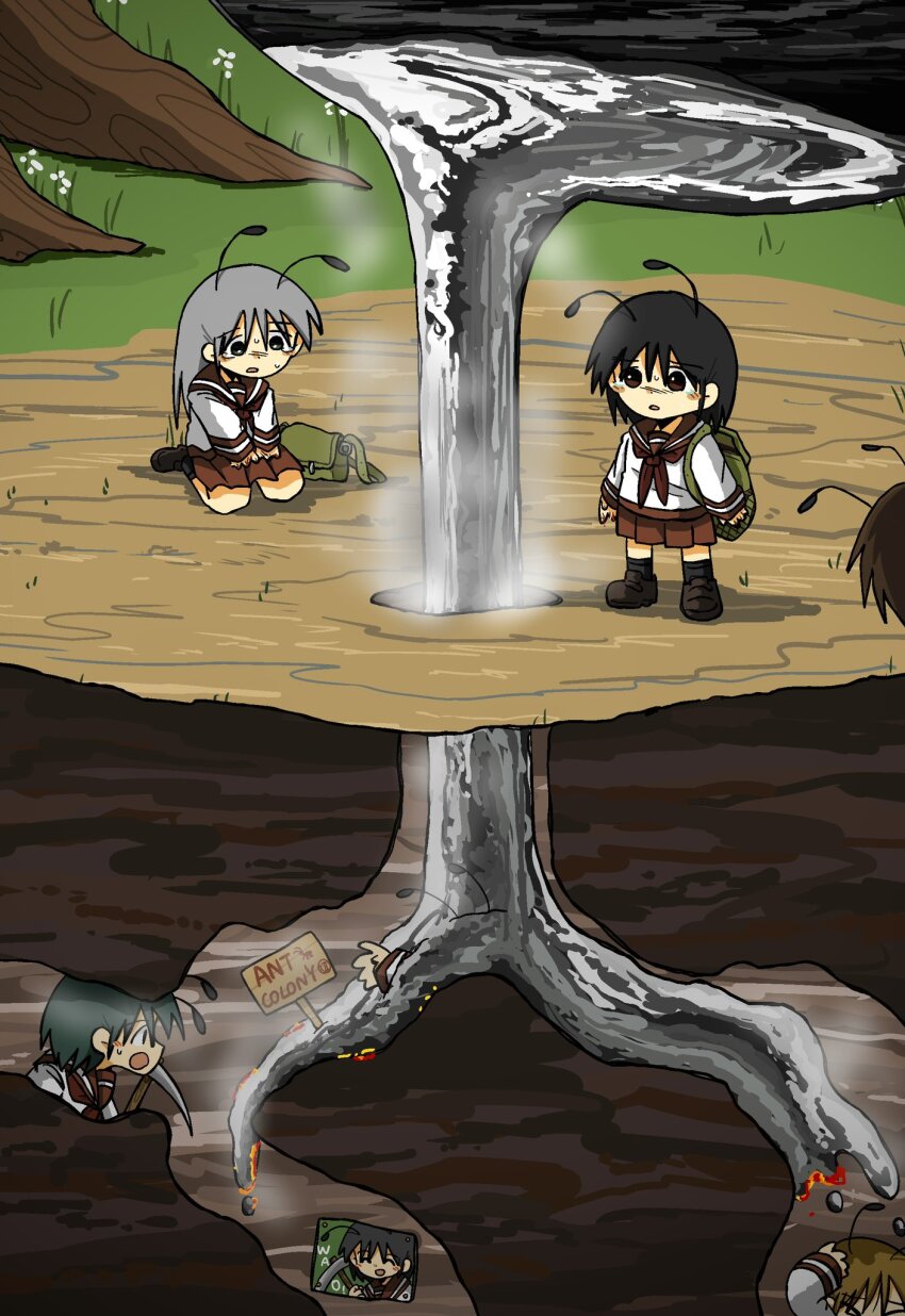 6+girls ant ant_girl antennae arthropod_girl bag black_eyes brown_hair bug death grey_hair highres insect kishimen_udn lava long_hair molten_metal multiple_girls original pickaxe pleated_skirt school_uniform serafuku short_hair skirt steam tunnel