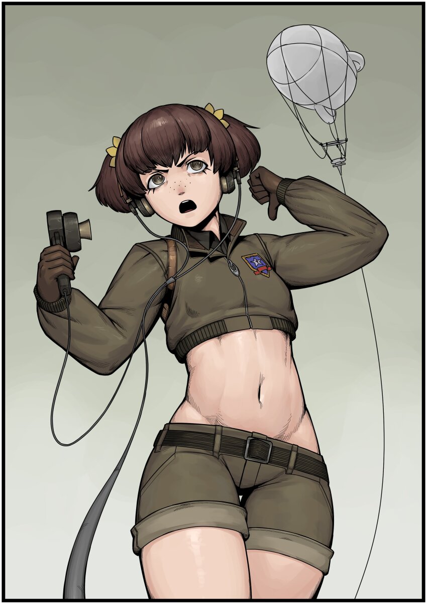 1girl absurdres adapted_costume aircraft alisa_(girls_und_panzer) brown_eyes brown_gloves brown_jacket brown_shorts cable commentary cropped_jacket dirigible english_commentary freckles girls_und_panzer gloves gradient_background green_background headphones highres holding holding_microphone jacket long_sleeves microphone navel open_mouth robotboy_22 saunders_military_uniform shorts simple_background solo stomach thigh_gap v-shaped_eyebrows zipper zipper_pull_tab