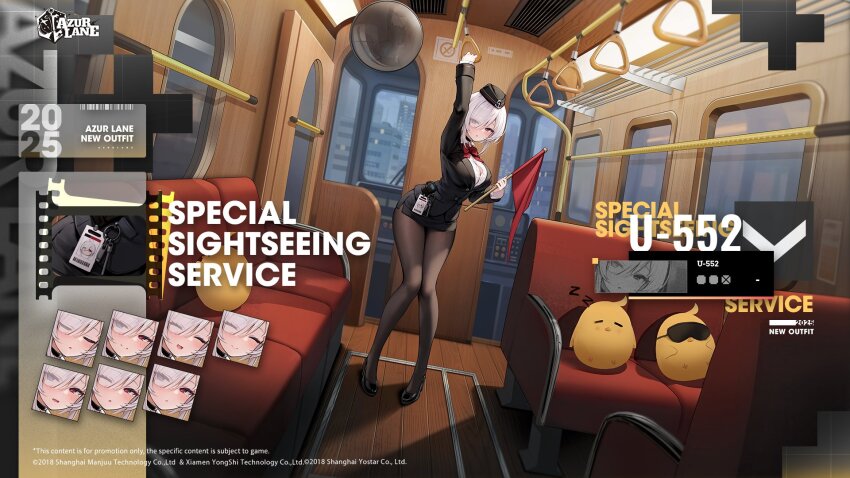 1girl ahoge arm_up azur_lane black_choker black_pantyhose black_suit blue_eyes bow bowtie breasts bus_interior choker eye_mask formal_clothes full_body hair_over_one_eye heterochromia highres id_card large_breasts logo manjuu_(azur_lane) multiple_expressions official_alternate_costume official_art pantyhose red_bow red_bowtie red_hair shirt short_hair standing suit u-552_(azur_lane) u-552_(special_sightseeing_service)_(azur_lane) white_hair white_shirt
