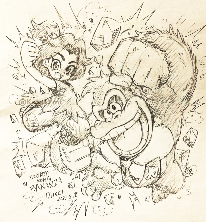 1boy 1girl dated donkey_kong donkey_kong_(series) donkey_kong_bananza english_text furry furry_male greyscale highres looking_at_viewer monochrome necktie nintendo open_mouth pauline_(mario) pauline_(young)_(mario) teeth yamato_koara