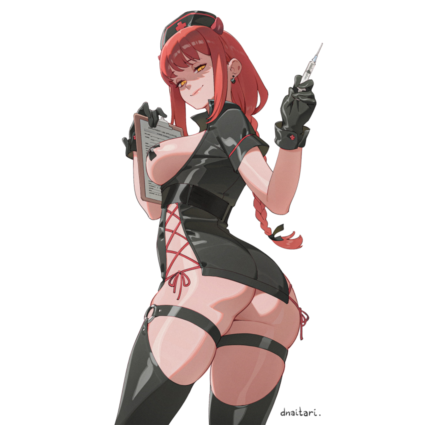 1girl ass black_dress black_gloves black_thighhighs blush braid braided_ponytail breastless_clothes breasts breasts_out chainsaw_man clipboard closed_mouth cross cross-laced_clothes cross-laced_dress cross_pasties demon_horns dnaitari dress earrings from_behind gloves hair_ribbon half-closed_eyes halloween_costume hat highres holding holding_clipboard holding_syringe horns jewelry long_hair looking_at_viewer looking_back makima_(chainsaw_man) no_panties nurse nurse_cap pasties red_hair ribbon ringed_eyes short_sleeves side-tie_dress sideless_outfit single_braid smile solo standing syringe tape tape_on_nipples thigh_strap thighhighs yellow_eyes